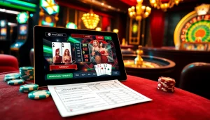 Découvrez l'excitation du 'casino en ligne français' avec une scène de casino virtuel dynamique mettant en vedette des jetons de poker et une roue de roulette.