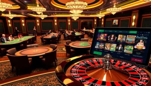 Joueurs captivés dans un luxueux casino en ligne francais avec des jeux de poker, de roulette et de machines à sous.