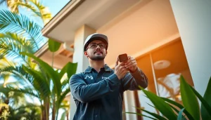 Cámaras de seguridad en Guanacaste instaladas por un técnico de D-Tech en una casa tropical exuberante, mostrando soluciones de seguridad avanzadas.