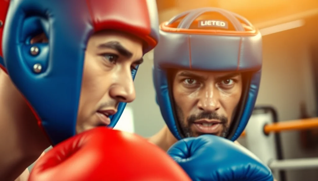 Aktiver Sportler mit Headgear Boxing, konzentriert im Training, fest entschlossen.