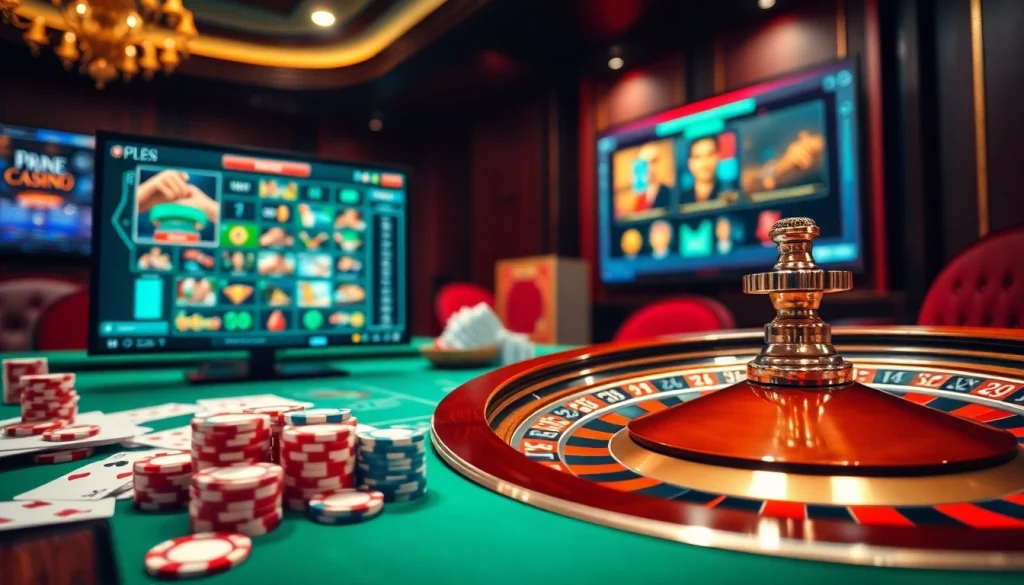 Vivez l'excitation du casino en ligne francais avec des jetons de poker glamoureux et une interface de jeu numérique.