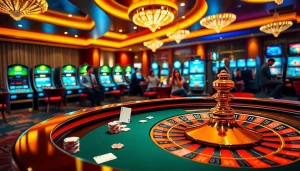Scène dynamique de joueurs engagés à une table de 'casino en ligne français' avec des jetons et des cartes vibrants.