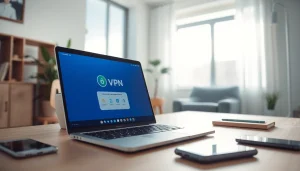 在现代工作空间的时尚笔记本电脑上显示的快连VPN界面。