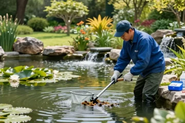Professional Pond Cleaning London expert removing debris from a serene garden pond, surrounded by water lilies and vibrant greenery.