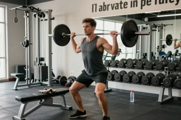 Strong athlete lifting weights in Pharmaqo Shop gym, focused on bodybuilding training.