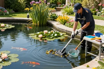 Professional Pond Cleaning London - technician cleaning a serene garden pond with tools and healthy koi fish.