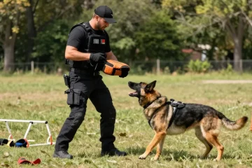 ROKOK88 login with a K9 handler training a working dog using tactical gear in a sunny outdoor setting.