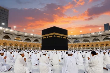 Umroh Ramadhan pilgrimage at Grand Mosque, vibrant sunset, travel guide to sacred sites.
