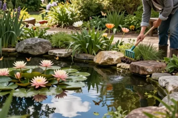 Buy Water Lilies while tending a tranquil garden pond filled with vibrant blossoms and greenery.
